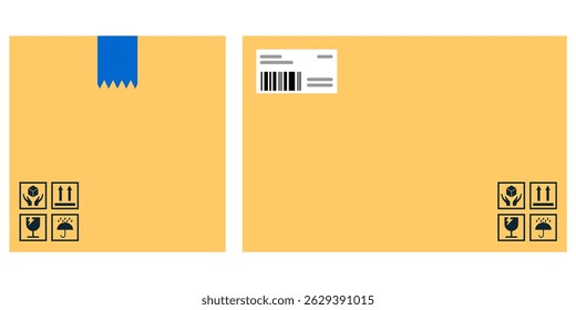 Cardboard package vector with barcode, fragile label, and tape details. Ideal for delivery, logistics, shipping, cargo, packaging design, and transport-related illustrations in simple flat style.