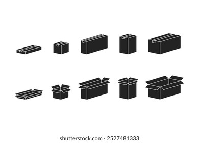 ícone de vetor de pacote de papelão, coleção de vetor de papelão estilo plano preto