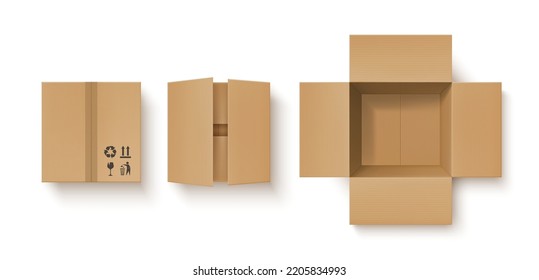 Mockup de caja de embalaje de cartón, plantilla de vista superior de contenedor de entrega de cartón abierto y cerrado. Ilustración vectorial realista aislada en fondo blanco. 