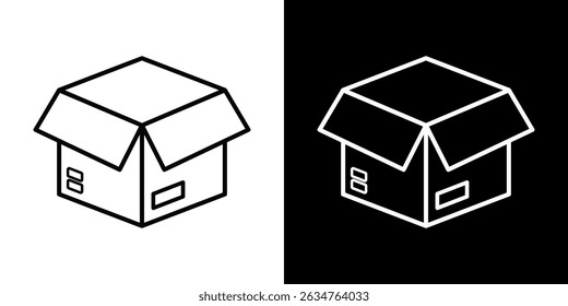 Icono de contorno de caja de embalaje de cartón sobre fondo blanco y negro