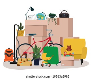 Cardboard packaging boxes with household items.  The concept of moving house. Packaging for transportation. Toys, a chair, a bicycle, a lamp, flowers.  Vector illustration.