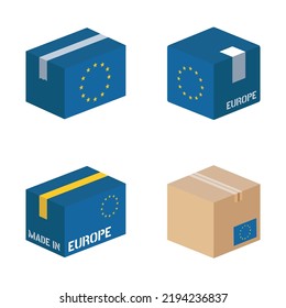 Cardboard packaging with European Union flag icons, made in Europe box