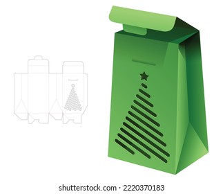 Cardboard packaging flip bag with stenciled Christmas tree window die cut template and 3D mockup