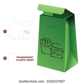 Cardboard packaging flip bag with stenciled burger and french fries window die cut template and 3D mockup