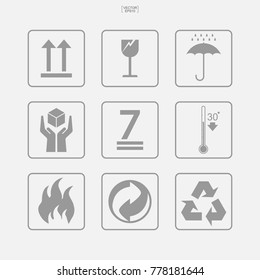 Cardboard packaging icon set. Fragile care sign and symbol. Vector illustration.