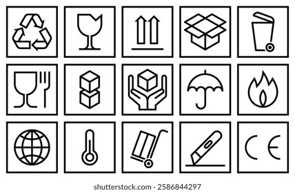 Cardboard packaging icon set. Package sign labels. Common packaging, warning symbol set. Handle with care, collection of goods such as fragile cargo.