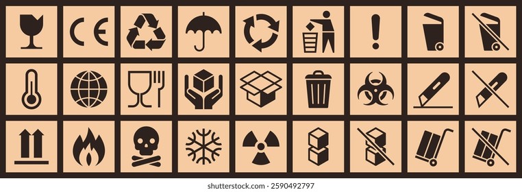 Cardboard packaging icon set. Package sign labels. Common packaging, warning symbol set. Handle with care, collection of goods such as fragile cargo.