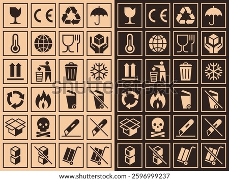 Cardboard packaging icon set. Package sign labels. Common packaging, warning symbol set. Handle with care, collection of goods such as fragile cargo.