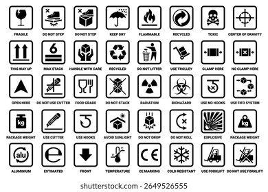 Cardboard packaging icon set vector. Fragile, handle with care, keep dry, do not use forklift, food grade, do not step, stack, roll, ce making, this way up sign icons. Hazard signs. Package sign. 