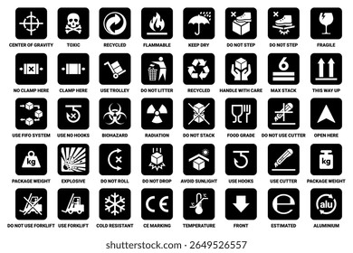 Cardboard packaging icon set vector. Fragile, handle with care, keep dry, do not use forklift, food grade, do not step, stack, roll, ce making, this way up sign icons. Hazard signs. Package sign. 