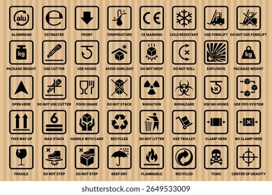 Cardboard packaging icon set vector. Fragile, handle with care, keep dry, do not use forklift, food grade, do not step, stack, roll, ce making, this way up sign icons. Hazard signs. Package sign.