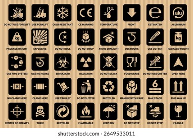Cardboard packaging icon set vector. Fragile, handle with care, keep dry, do not use forklift, food grade, do not step, stack, roll, ce making, this way up sign icons. Hazard signs. Package sign.