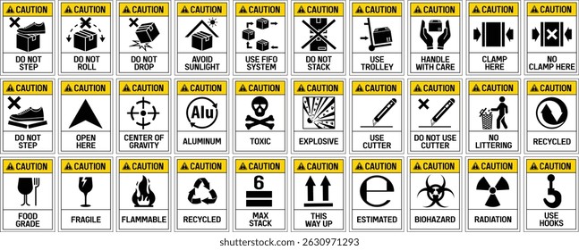 Etiquetas de embalaje de cartón. 30 iconos vectoriales Elementos de diseño.
