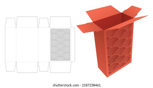 Cardboard packaging with stenciled Japanese pattern die cut template and 3D mockup