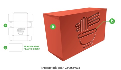 Embalaje de cartón con fideos estampados y plancha de corte de hoja de plástico transparente