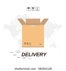 Cardboard packaging for the transportation of goods. Packing on the background of the world map.