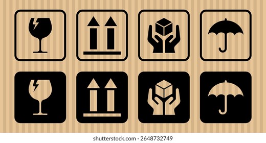 Cardboard packaging vector icon set. Fragile, handle with care, keep dry, this way up label sign label icons. Hazard signs. Vector Illustration.