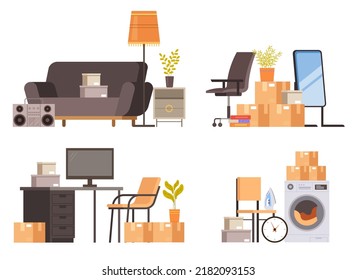 Cardboard packed home staff boxes piles for relocation and moving delivery household thing isolated graphic design element concept illustration set collections