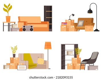 Montones de cajas de personal para el hogar empaquetadas para el cartón para la reubicación y el traslado de la entrega del hogar aislado diseño gráfico elemento de ilustración conjunto de colecciones