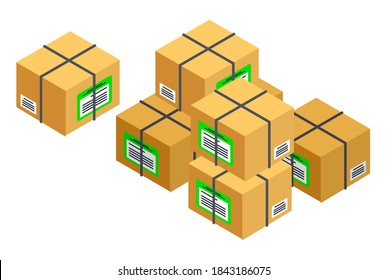 Cardboard packing boxes and inscriptions, addresses or trade information. Pile of mail parcels. Post office, commercial warehouse or packaging. International trade, send goods abroad. E-commerce