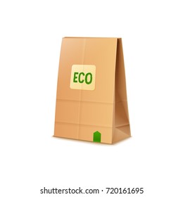 Cardboard paper bag with text sign eco vector illustration isolated on white background. Brown package, recyclable bag which can be easy recycled