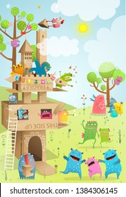 Cardboard Paper Castle Kids Monsters Summer Tower Festival. Summer landscape with cardboard house or castle for kids.