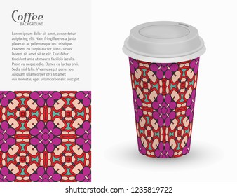 Cardboard paper cup of coffee with ornament and seamless geometric pattern. Take away coffee packaging template, isolated design elements for coffee shop, restaurant menu. Realistic vector cup