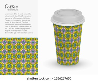 Cardboard paper cup of coffee with ornament and seamless geometric pattern. Take away coffee packaging template, isolated design elements for coffee shop, restaurant menu. Realistic vector cup