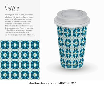 Cardboard paper cup of coffee with ornament and seamless geometric pattern. Take away coffee packaging template, isolated design elements for coffee shop, restaurant menu. Realistic vector cup