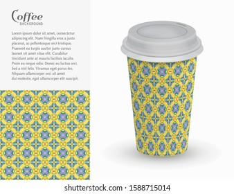 Cardboard paper cup of coffee with ornament and seamless geometric pattern. Take away coffee packaging template, isolated design elements for coffee shop, restaurant menu. Realistic vector cup