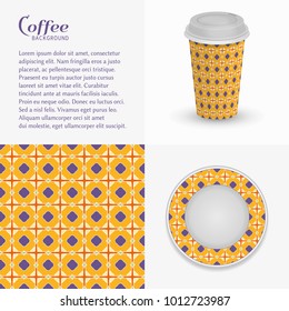 Cardboard paper cup of coffee and saucer with ornament, seamless pattern. Take away coffee packaging template, isolated design elements for coffee shop, restaurant menu. Realistic cup and saucer