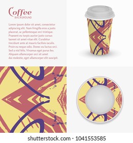 Cardboard paper cup of coffee, saucer with modern painting and abstract grunge background, brushstrokes of paint. Take away coffee packaging template, isolated elements for coffee shop, restaurant men