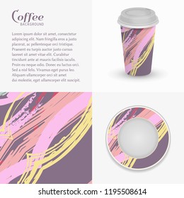 Cardboard paper cup of coffee, saucer with modern painting and abstract grunge background, brushstrokes of paint. Take away coffee packaging template, isolated elements for coffee shop, restaurant men