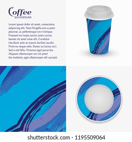 Cardboard paper cup of coffee, saucer with modern painting and abstract grunge background, brushstrokes of paint. Take away coffee packaging template, isolated elements for coffee shop, restaurant men