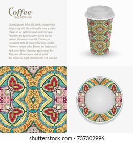 Cardboard paper cup of coffee and saucer with ornament, seamless pattern. Take away coffee packaging template, isolated design elements for coffee shop, restaurant menu. Realistic cup and saucer