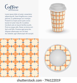 Cardboard paper cup of coffee and saucer with ornament, seamless pattern. Take away coffee packaging template, isolated design elements for coffee shop, restaurant menu. Realistic cup and saucer