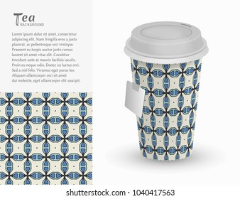 Cardboard paper cup of tea with ornament and seamless geometric pattern. Take away tea packaging template, isolated design elements for coffee shop, restaurant menu. Realistic vector cup