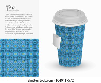 Cardboard paper cup of tea with ornament and seamless geometric pattern. Take away tea packaging template, isolated design elements for coffee shop, restaurant menu. Realistic vector cup