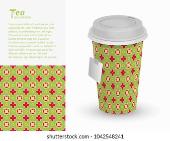 Cardboard paper cup of tea with ornament and seamless geometric pattern. Take away tea packaging template, isolated design elements for coffee shop, restaurant menu. Realistic vector cup