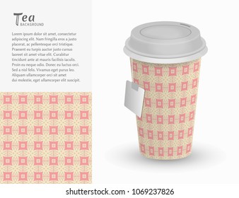 Cardboard paper cup of tea with ornament and seamless geometric pattern. Take away tea packaging template, isolated design elements for coffee shop, restaurant menu. Realistic vector cup