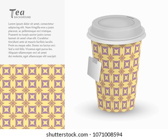 Cardboard paper cup of tea with ornament and seamless geometric pattern. Take away tea packaging template, isolated design elements for coffee shop, restaurant menu. Realistic vector cup