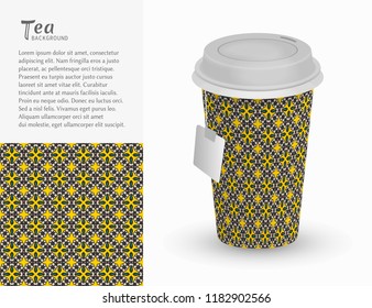 Cardboard paper cup of tea with ornament and seamless geometric pattern. Take away tea packaging template, isolated design elements for coffee shop, restaurant menu. Realistic vector cup