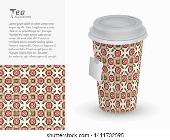 Cardboard paper cup of tea with ornament and seamless geometric pattern. Take away tea packaging template, isolated design elements for coffee shop, restaurant menu. Realistic vector cup