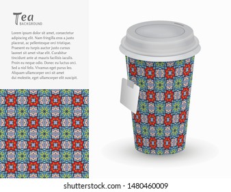 Cardboard paper cup of tea with ornament and seamless geometric pattern. Take away tea packaging template, isolated design elements for coffee shop, restaurant menu. Realistic vector cup