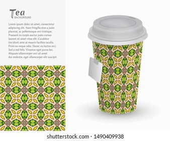 Cardboard paper cup of tea with ornament and seamless geometric pattern. Take away tea packaging template, isolated design elements for coffee shop, restaurant menu. Realistic vector cup