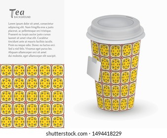 Cardboard paper cup of tea with ornament and seamless geometric pattern. Take away tea packaging template, isolated design elements for coffee shop, restaurant menu. Realistic vector cup