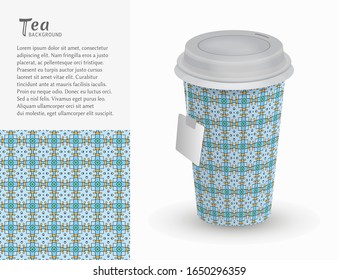 Cardboard paper cup of tea with ornament and seamless geometric pattern. Take away tea packaging template, isolated design elements for coffee shop, restaurant menu. Realistic vector cup