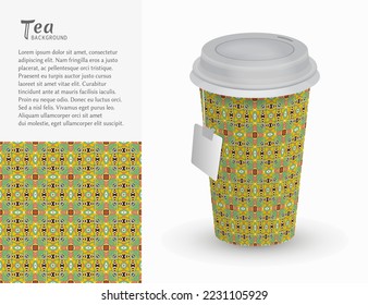 Cardboard paper cup of tea with ornament and seamless geometric pattern. Take away tea packaging template, isolated design elements for coffee shop, restaurant menu. Realistic vector cup