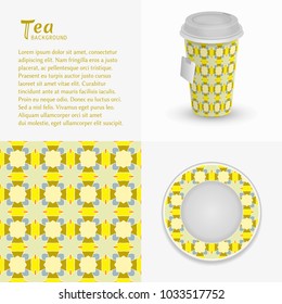 Cardboard paper cup of tea, saucer with ornament and seamless pattern. Take away tea packaging template, isolated design elements for coffee shop, restaurant menu. Realistic vector cup and saucer