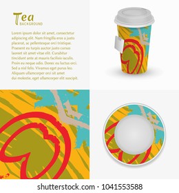 Cardboard paper cup of tea, saucer with modern painting and abstract grunge background, brushstrokes of paint. Take away tea packaging template, isolated elements for coffee shop, restaurant menu